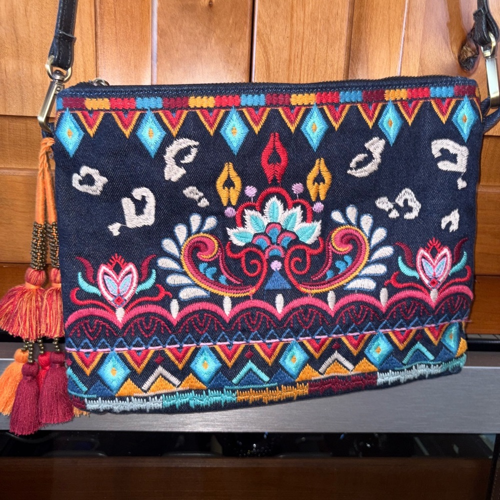 Johnny Was Navy and Multicolor Embroidered Crossbody Bag. Never Used.